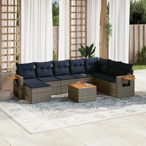 9 pcs conjunto sofás p/ jardim c/ almofadões vime PE cinzento