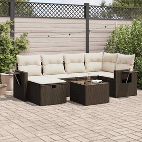 7 pcs conjunto de sofás jardim c/ almofadões vime PE castanho