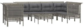 9 pcs conjunto lounge de jardim c/ almofadões vime PE cinzento