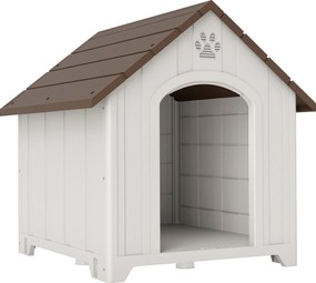 PawHut Casota para Cães de Exterior Casa para Cães Grandes de Plástico com 2 Janelas Base Elevada Estacas Castanho Escuro | Aosom Portugal