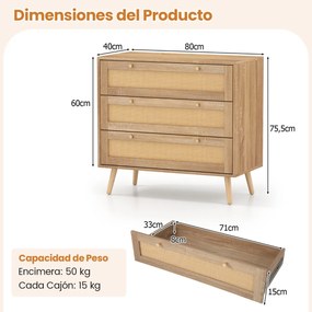 Cómoda em rattan 80 x 40 x 75,5 cm com 3 gavetas e pés em madeira de pinho, estilo boémio, para o quarto, sala de estar ou hall de entrada, com um toq