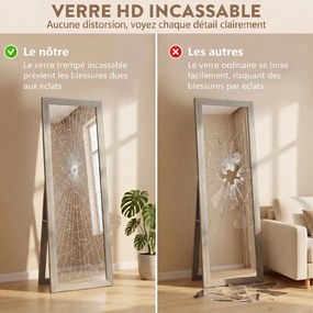 Espelho retangular com suporte de pé 37 x 155 cm, para fixação na parede ou para apoiar, com moldura de madeira, para sala de estar ou quarto, cinzent