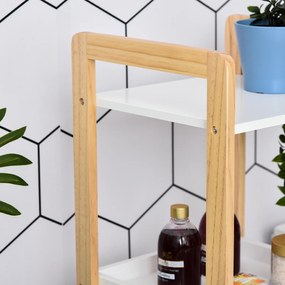 Estante de casa de banho em bambu, modelo vertical, com 3 cestos + 2 prateleiras, 32 x 30 x 130 cm, bege e branco