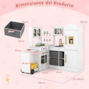 Cozinha de brincar de canto com luzes e sons, bancada retrátil, inclui lava-louças, fogão, frigorífico e acessórios para maiores de 3 anos, Branca