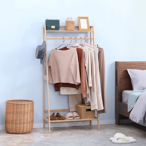Suporte para Cabides de Bambu com 2 Prateleiras Abertas Barra e Ganchos Laterais para Roupa Bolsas 82x36,8x140cm Madeira