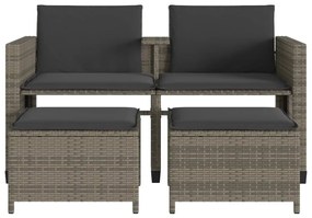 Sofá de jardim de 2 lugares com mesa e bancos vime PE cinzento