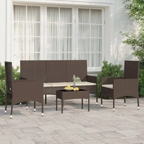 4 pcs conjunto lounge jardim c/ almofadões vime PE castanho