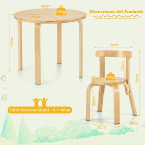 Conjunto de 5 Cadeiras e Mesa de Actividades Infantis Mesa com 4 Cadeiras Mobiliário Infantil para o Lar Natural