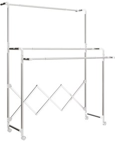 Estendal Vertical Dobrável de 3 Níveis Estendal de Aço Inoxidável com 3 Barras Ajustáveis e Extensíveis 4 Rodas 104-150x103x145-197 cm Prateado