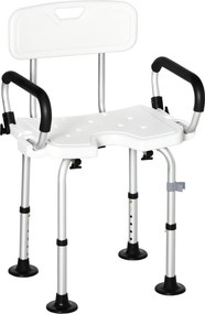 Cadeira para Duche Antiderrapante com Altura Ajustável de 6 Níveis e Apoio para os Braços Regulável 54x52x70-82cm Branco