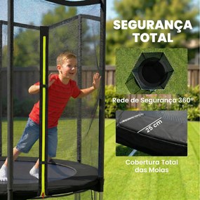 Trampolim para Crianças Exterior Ø183 cm com Rede de Segurança Escada de 2 Degraus Cobertura de Molas Saco de Armazenamento Preto