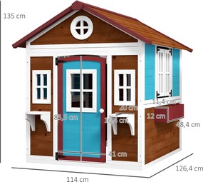 Casinha de Madeira Infantil com Porta Janelas Floreiras e Prateleiras com Detalhes de Cor 114x126,4x135 cm Castanho Escuro