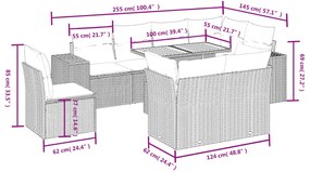 9 pcs conjunto de sofás p/ jardim c/ almofadões vime PE preto