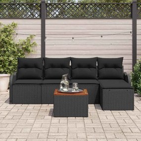 Conjunto de Sofá Jardim vidaXL 6 Peças com Almofadas Preto Poliratan Acácia