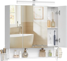 Armário de parede casa de banhocom espelho branco 80 x 16,5 x 75 cm, 3 portas com espelho e iluminação Branco