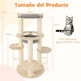 Arranhador para gatos de madeira de 6 níveis 150 cm com poleiro almofadado Rede de descanso Arranhadores de sisal Cinzento