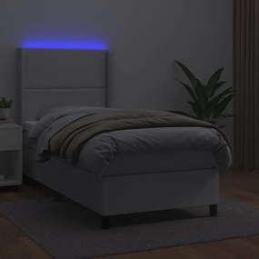 Cama box spring c/colchão/LED 100x200cm couro artificial branco