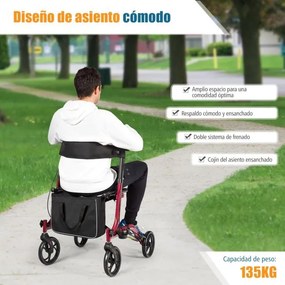 Andador de alumínio para idosos e adultos dobrável leve ajustável com bolsa de armazenamento  74 x 61 x 82 - 95 cm Vermelho