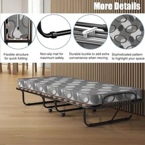 Cama dobrável individual com colchão 80 x 190 cm, estrutura metálica e 4 rodas, capacidade de carga de 130 kg para hóspedes, cinza