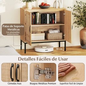 Aparador 80 x 38 x 81 cm com 2 portas em rattan natural, prateleira ajustável em 3 posições, pés metálicos natural