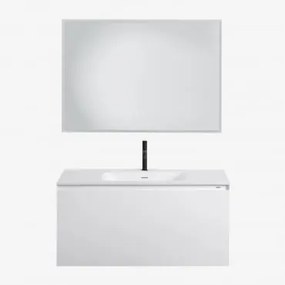 Conjunto De Móvel De Casa De Banho Suspenso Em Madeira Com Lavatório Integrado Macrae Branco & Led Retangular E Anti-embaciamento 100x70 Cm Riben & Pr