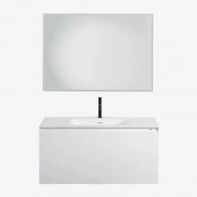 Conjunto De Móvel De Casa De Banho Suspenso Em Madeira Com Lavatório Integrado Macrae Branco & Led Retangular E Anti-embaciamento 100x70 Cm - Sklum