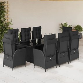 vidaXL 9 pcs conjunto de jantar p/ jardim c/ almofadões vime PE preto