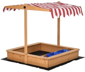 Outsunny Caixa de Areia de Madeira com Teto Inclinável com Altura Ajustável e 2 Baldes de Plástico 107,5x107,5x110cm Natural | Aosom Portugal