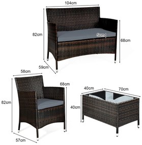 Conjunto de Móveis 4 Peças Rattan para Pátio Exterior Mesa e Sofá com Almofada Conjunto de Conversação Mão-Tecido para Piscina de Jardim Castanho