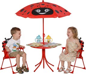 Outsunny Conjunto Mesa Cadeira Infantil Jardim Dobrável Chapéu Sol Ajustável Joaninha Resistente Portátil Vermelho 100-125cm | Aosom Portugal