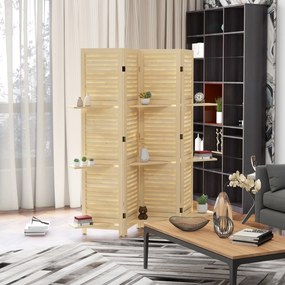 Biombo de interior de 4 painéis, 160 cm (L) x 170 cm (A), com 3 prateleiras dobráveis, divisória de ambientes, portas com persianas, acabamento natura