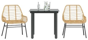 Conjunto jantar jardim 3 peças vidro vime PE castanho