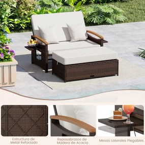 Conjunto de sofá-cama em rattan com pufe com espaço de arrumação, encosto ajustável em 4 níveis e mesas laterais dobráveis para jardim e piscina, bran
