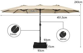Guarda-sol duplo Grande 4,5 x 2,6 m com base com sacos de areia emanivela, 12 varas sólidas, altura 2,43 cm, para piscina ou jardim, bege