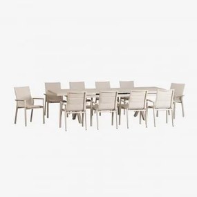 Conjunto De Mesa Retangular Extensível 240-300x100 Cm E 10 Cadeiras De Jardim Empilháveis Com Apoios De Braços Em Alumínio Karen Tapioca Bege - Sklum
