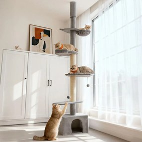 Arranhador para gatos, ajustável em altura, com vários níveis e caverna 70 x 30 x 252 cm cinzento claro