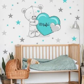 Autocolante para quarto de criança - Urso com coração turquesa e estrelas