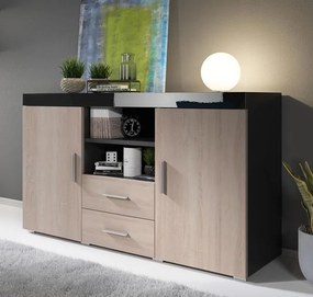 Aparador "Manvy" - 140x80x40 cm - Preto e Carvalho - Design Moderno -