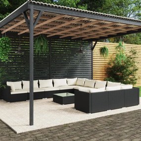 vidaXL 12 pcs conjunto lounge de jardim c/ almofadões vime PE preto