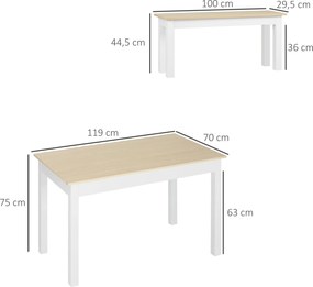 Conjunto de mesa de jantar de 3 peças com 2 bancos encaixáveis para 4-6 pessoas, estilo contemporâneo, em aglomerado cor carvalho e branco