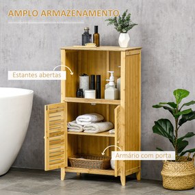 Armário Auxiliar de Casa de Banho de Bambu com 2 Portas Compartimento Aberto e Prateleira Ajustável 50x25,5x92 cm Madeira