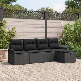 Conjunto de Sofás de Jardim com 5 Peças e Almofadas de Rattan Preto