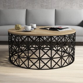 Mesa de Centro Selin Metal Ferforje – Carvalho e Preto – 90x90x38 cm