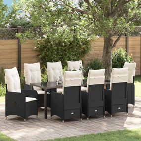 Conjunto de Jantar de Jardim de 9 Peças com Almofadas Pretas em Rattan