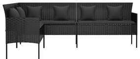 Sofá em forma de L p/ jardim c/ almofadões vime PE preto