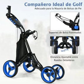 Carrinho de golfe dobrável, leve e de 4 rodas, com saco impermeável e travão de pé, suporte ajustável para guarda-chuva e copo - Azul