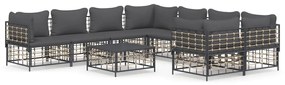 9 pcs conjunto lounge de jardim c/ almofadões vime PE antracite