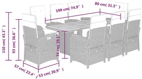 9 pcs conjunto de jantar p/ jardim c/ almofadões vime PE preto