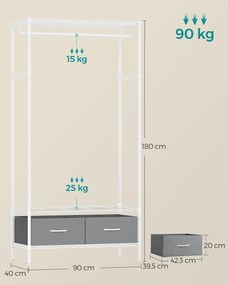 Guarda roupa aberto 40 x 90 x 180 cm com 2 gavetas em branco e cinzento