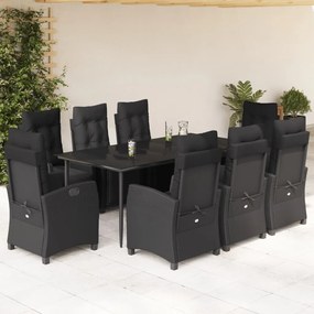9 pcs conjunto de jantar p/ jardim c/ almofadões vime PE preto